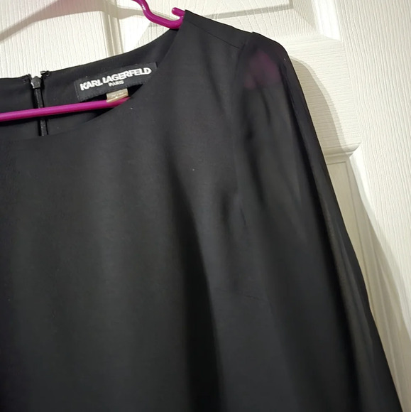 Karl Lagerfield Black Crepe Sheath Mini Dress, Sheer Chiffon Slit Sleeves, EUC! - Picture 6 of 13